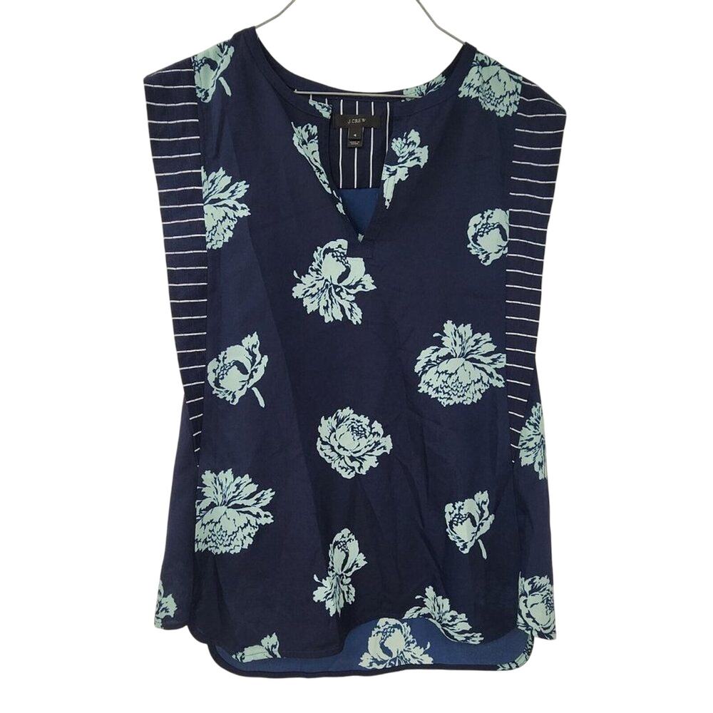 J Crew Navy Striped Floral Sleeveless Split Neck Top Women's 4 High-Low Hem